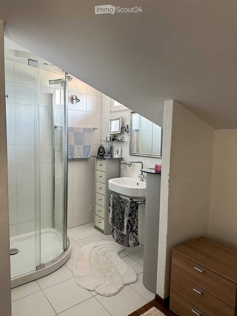 Modern bathroom with a corner shower, sink, mirror, and wooden cabinet. Includes a fluffy white rug and towels.