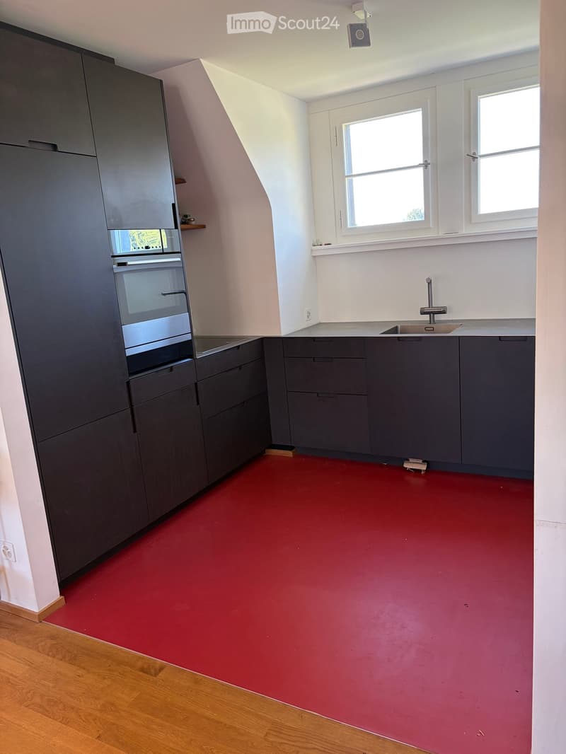 Modern kitchen with grey cabinets, stainless steel oven, sink, and faucet. Red painted floor, white walls, and large windows.