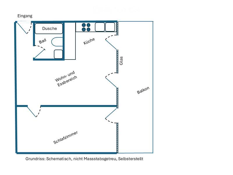 Floor plan of a 1-bedroom apartment with a living and dining area, kitchen, bathroom, and balcony.
