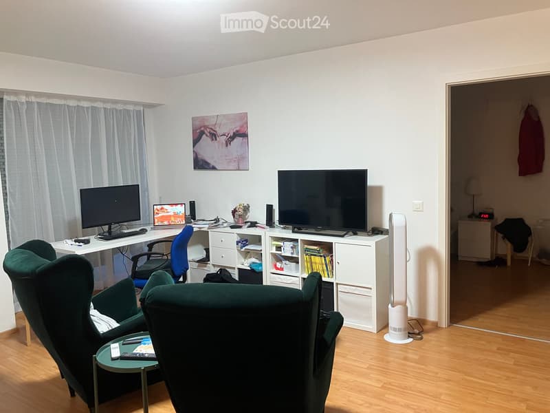 A modern living room with a green sofa, a small round table, a laptop, a TV, and a fan. The room features wooden flooring, white walls, and a large window with curtains.