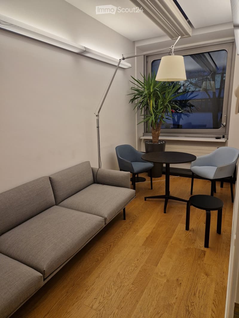 Modern living room with light wooden flooring, grey sofa, small black table, two chairs, a stool, floor lamp, and a potted plant near the window.