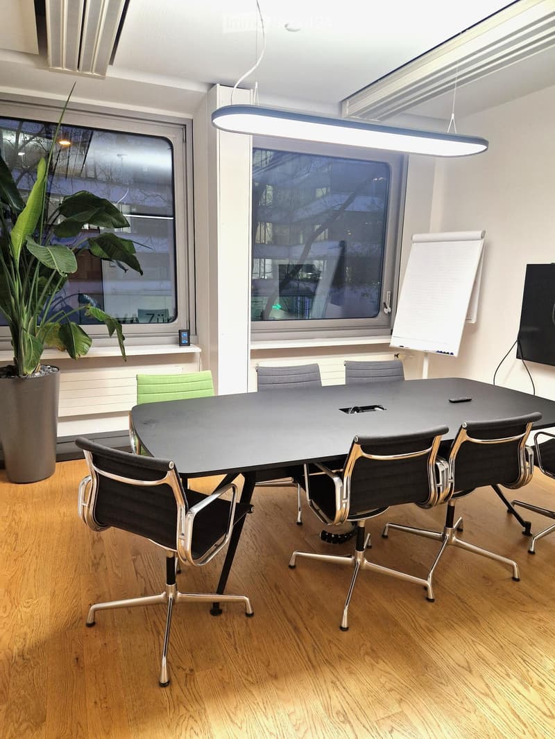 Modern conference room with a large black table, multiple chairs, a large screen, and a potted plant near the window.