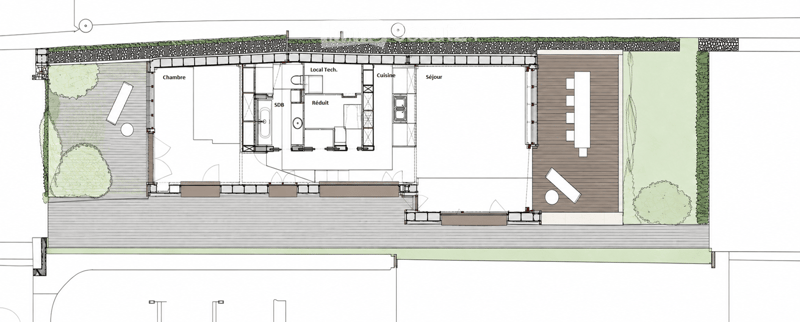 Floor plan of a house with a living room, kitchen, bedroom, bathroom, and outdoor patio area with seating.