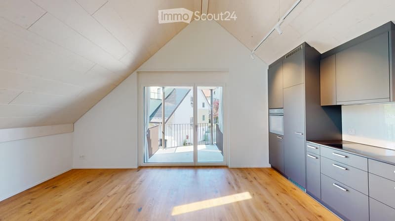 Modern kitchen with grey cabinets, wooden floor, and large sliding glass doors leading to a balcony.