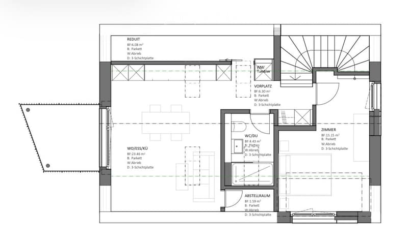 Floor plan of a residential space featuring a WC/DU, Vorplatz, Zimmer, Abstellraum, WO/ESS/KÜ, and Reduit.