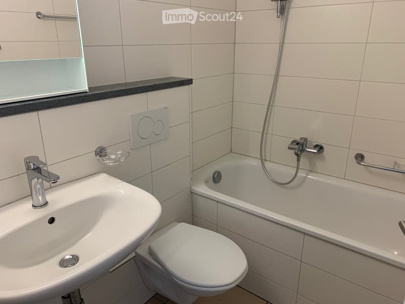 Modern bathroom with a white sink, toilet, bathtub, and a glass shower enclosure. Features include a chrome faucet, a handheld shower hose, and a built-in shelf with a mirror above the sink.
