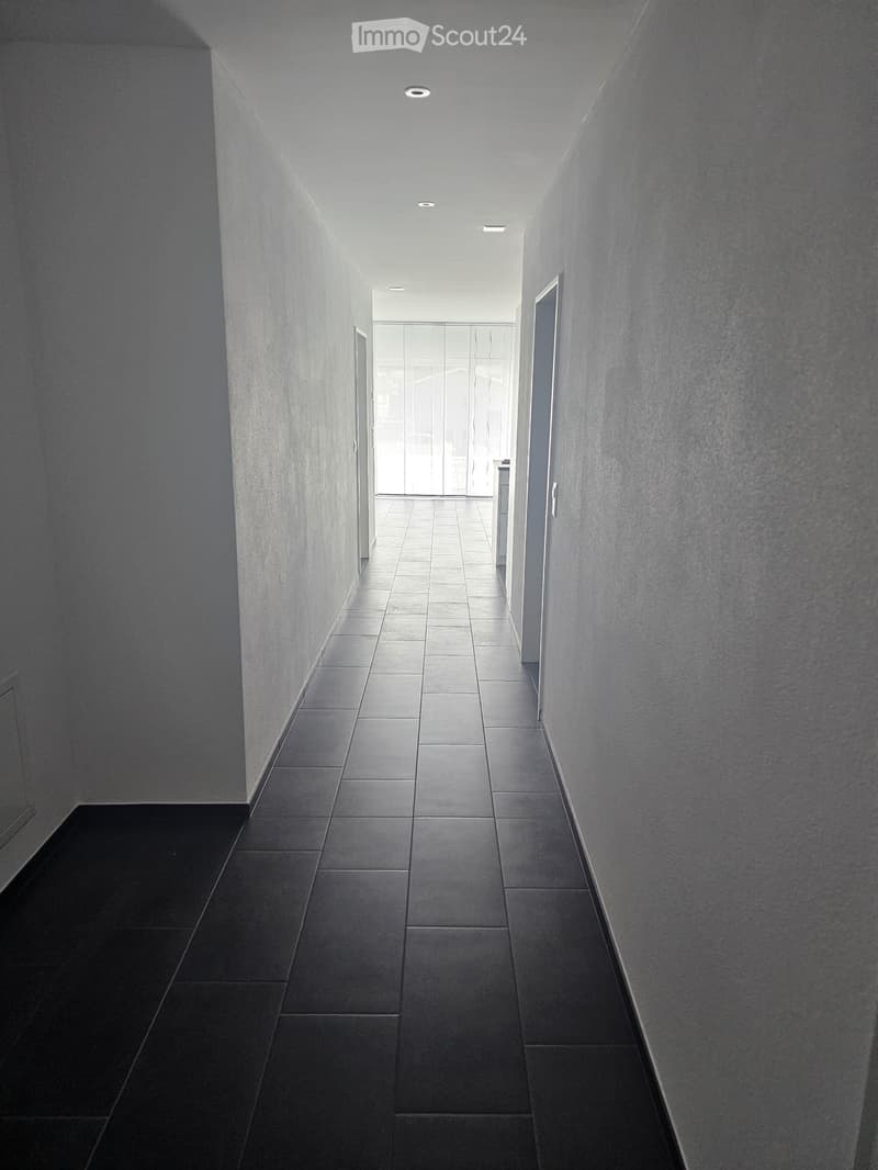 Modern hallway with grey tiled floor, white walls, and recessed lighting. Features a glass door at the end leading to another room.