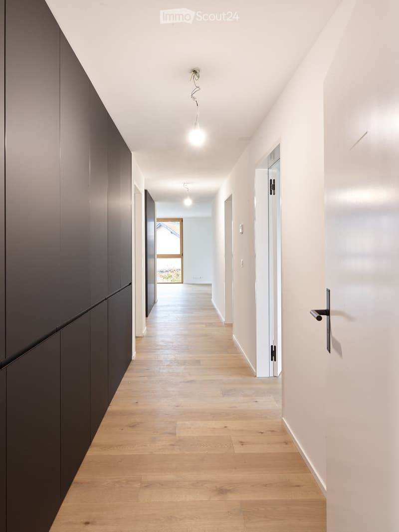 modern, minimalist design, wooden floor, modern lighting, white walls, open space