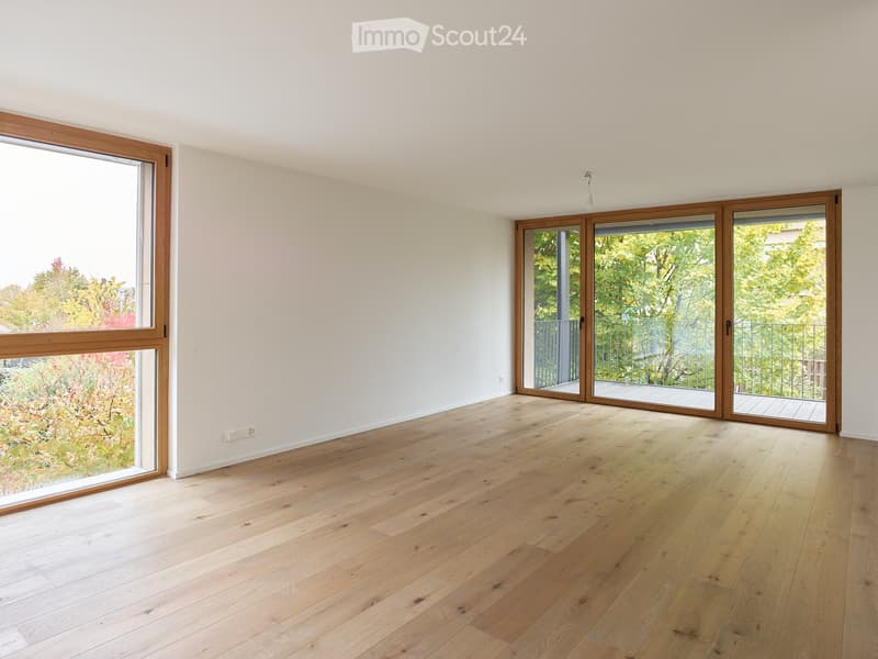 Spacious room, hardwood floors, large windows, sliding doors leading to a balcony