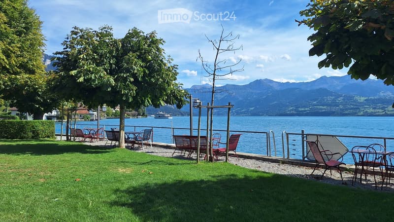 Lush green lawn with benches and tables, overlooking a serene lake and distant mountains.