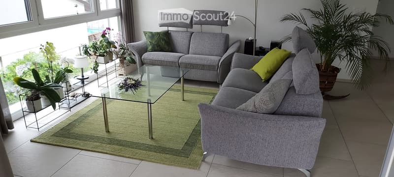 Modern living room with grey sectional sofa, glass coffee table, floor lamp, and potted plants near large windows with a view.