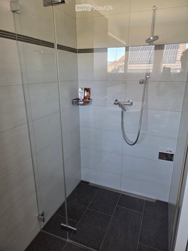 Modern shower area with glass enclosure, tiled walls, and a built-in shelf holding toiletries.