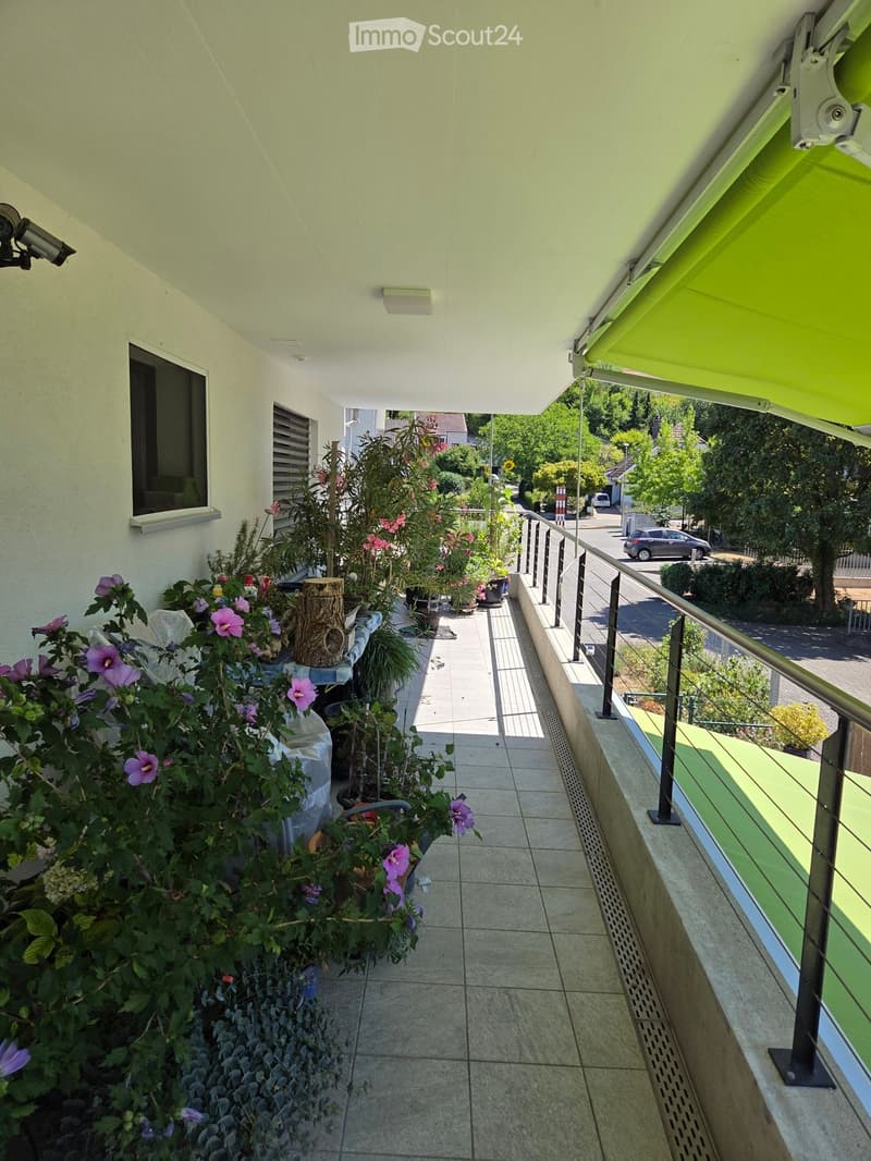 Balcony with tiled floor, metal railing, and potted plants, including purple flowers and shrubs, with a retractable awning and a view of the street.