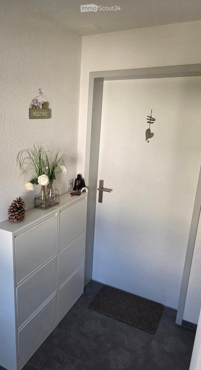 A clean, modern hallway with a white door, a small cabinet with decorative items, and a dark tiled floor.