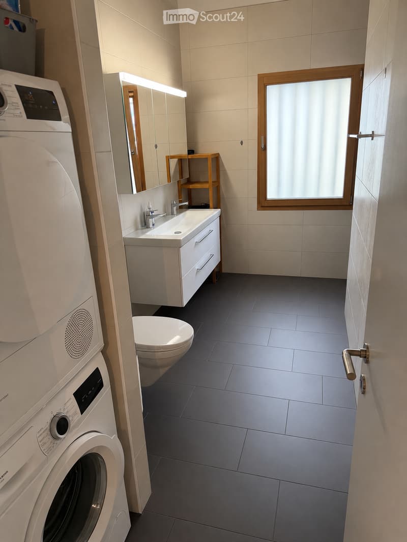 Modern bathroom with a white sink, toilet, mirror, and a washing machine. The room features tiled walls and a dark grey tiled floor.