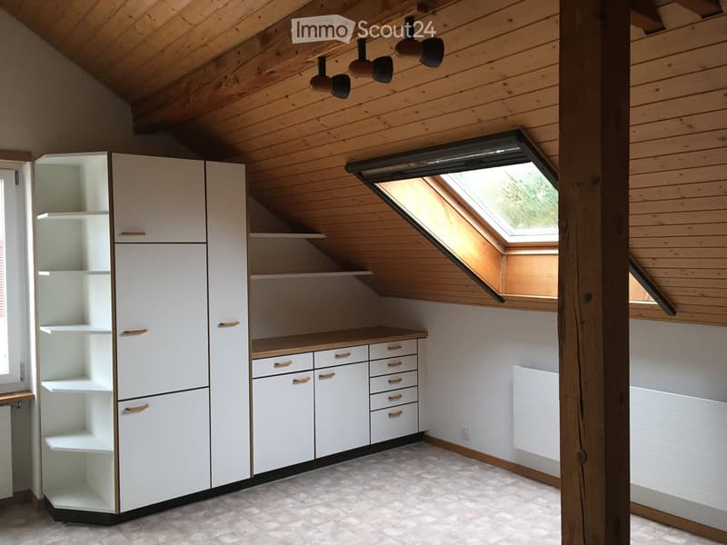 Attic room with wooden ceiling, white cabinets, shelves, and a skylight window providing natural light.