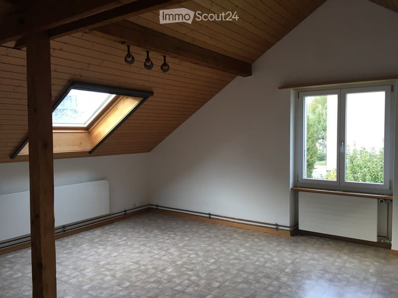 Empty attic room with wooden ceiling, skylight window, and large side window, featuring tiled floor and radiators.