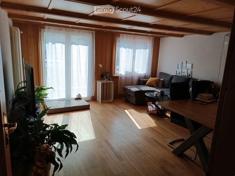 Bright living room with wooden floors, exposed wooden ceiling beams, large windows with white curtains, a grey sofa with orange pillows, a coffee table, a small side table, and a potted plant near the door.
