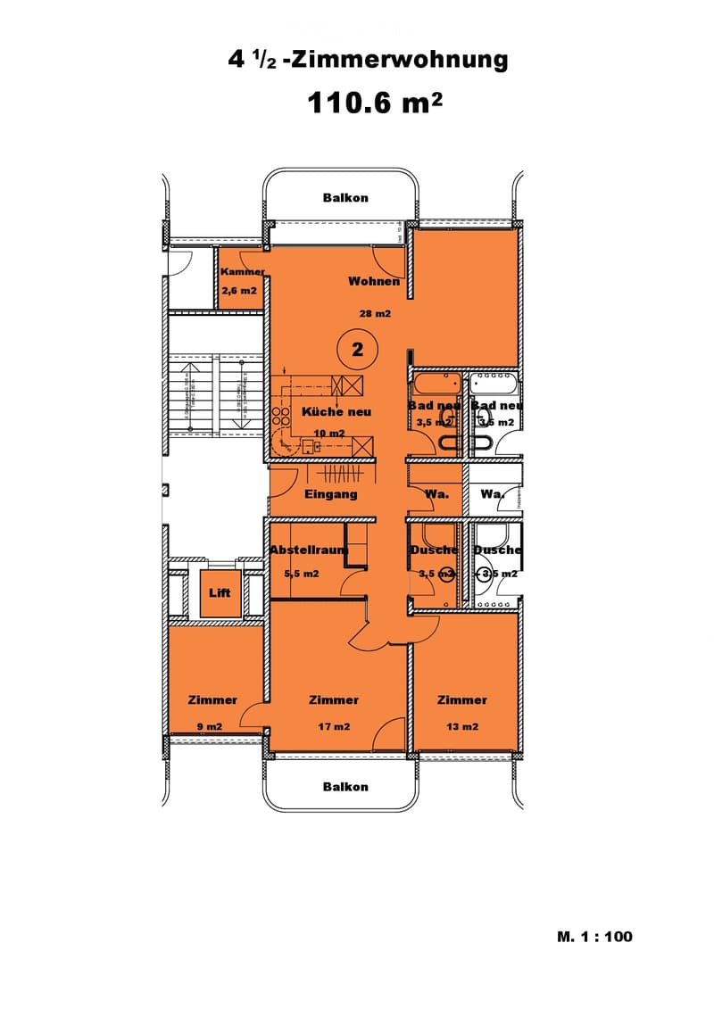 Floor plan of a 4.5-room apartment with 110.6 m² total area, including living room, kitchen, three bedrooms, two bathrooms, two balconies, entrance, storage room, and elevator.