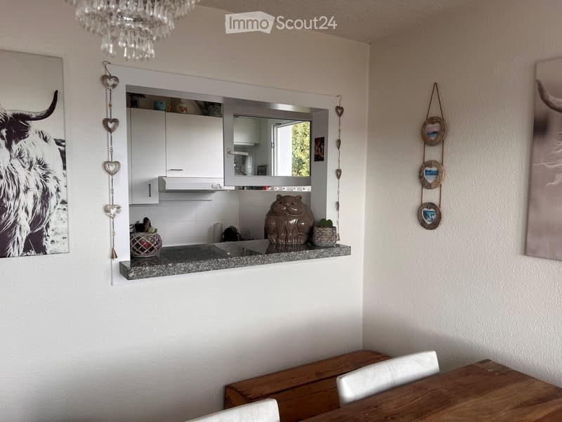 A modern kitchen and dining area with a wooden dining table, white chairs, a granite countertop, and decorative items including a cat figurine and picture frames.