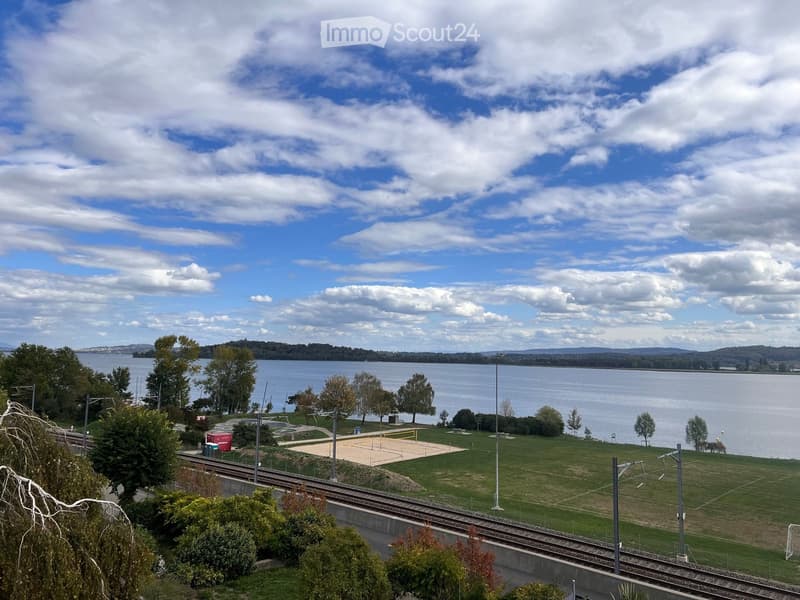 A park area with a sandy volleyball court, grassy fields, trees, and a body of water in the background.