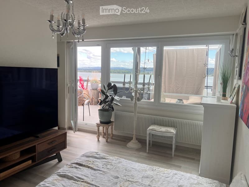 Bright bedroom with a large window offering a scenic view, featuring a bed, television, small table with a plant, and a chair near the window.