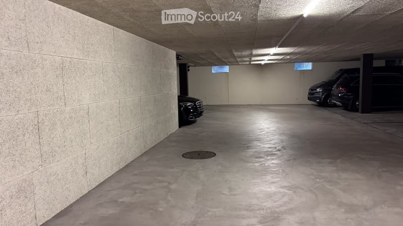 Underground parking area with concrete floors and walls, several parked cars, and overhead lighting.