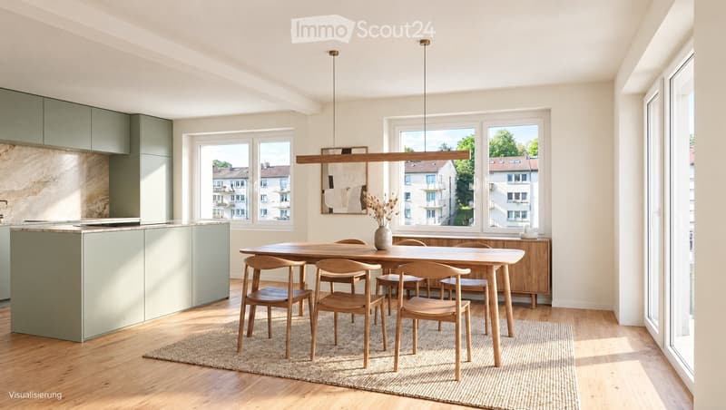 Modern kitchen with light green cabinets, a wooden dining table surrounded by chairs, and large windows overlooking a cityscape.