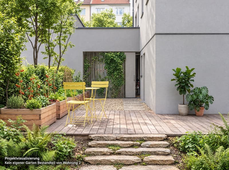 A modern wooden deck patio with yellow folding chairs and a small table, surrounded by lush greenery, potted plants, and raised garden beds with herbs and vegetables. A stone staircase leads down from the deck.