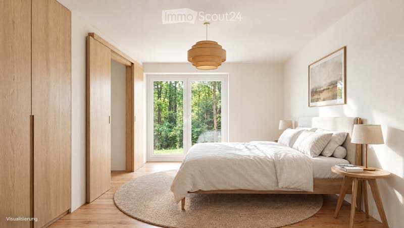 Modern bedroom with a large bed, nightstands, pendant light, and a view of greenery through large windows.