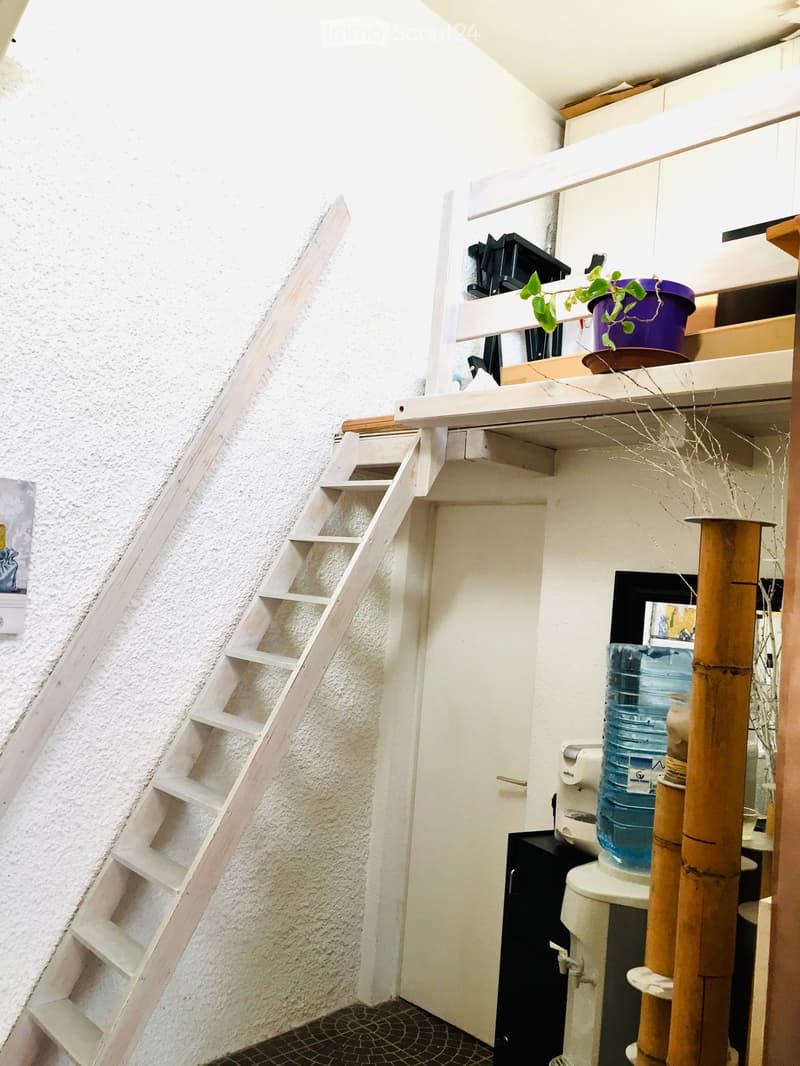 A narrow hallway with a wooden staircase leading upwards, white walls, and a small shelf with a potted plant and other items.