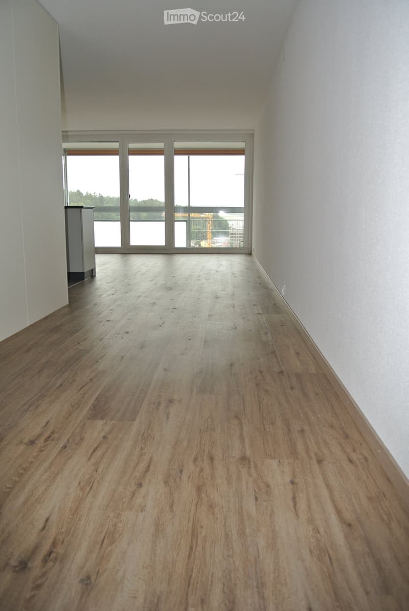 Empty hallway with wooden flooring and white walls, leading to a large glass door opening to a balcony or outdoor area.