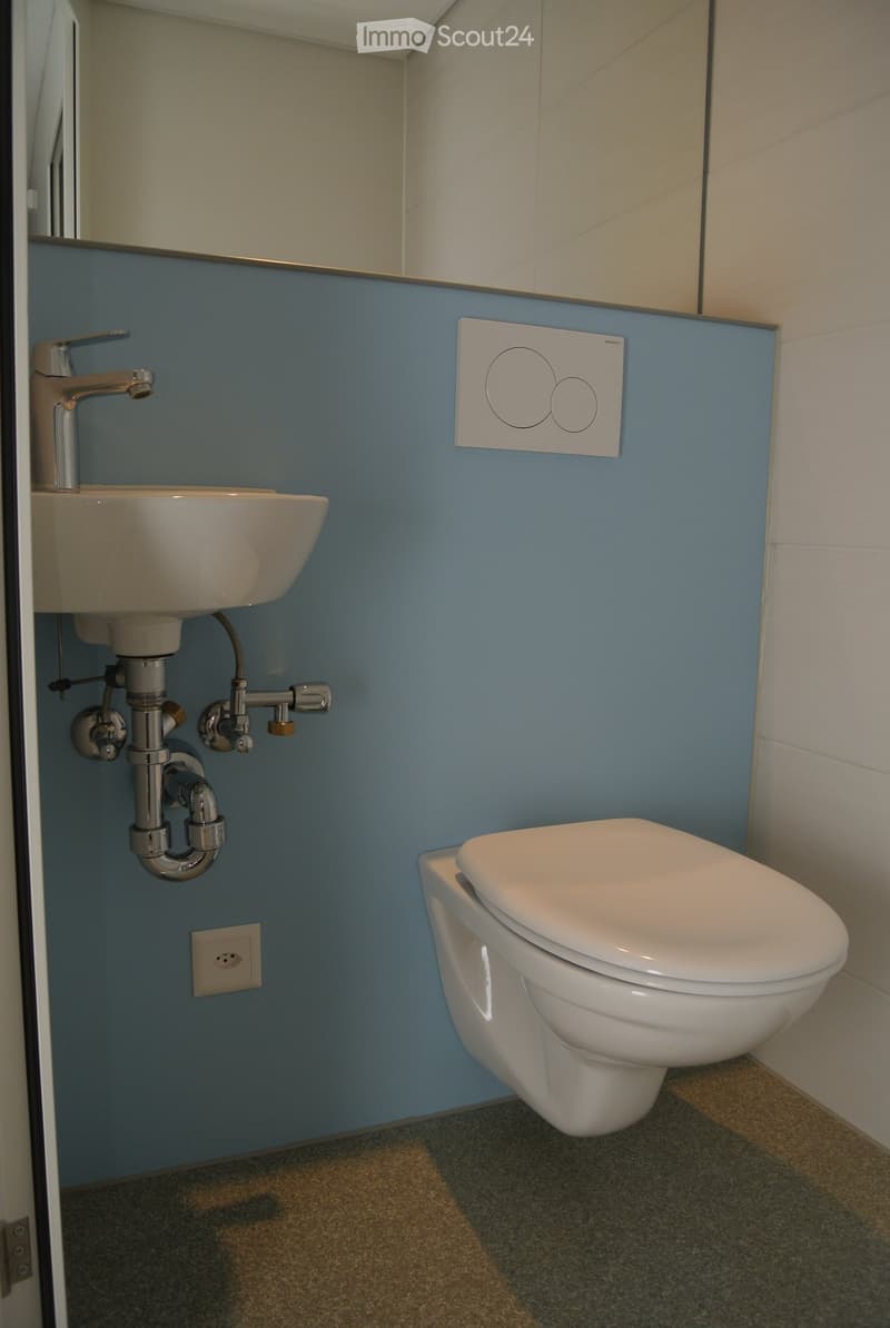 Modern bathroom with blue walls, white toilet, sink, and chrome faucet.