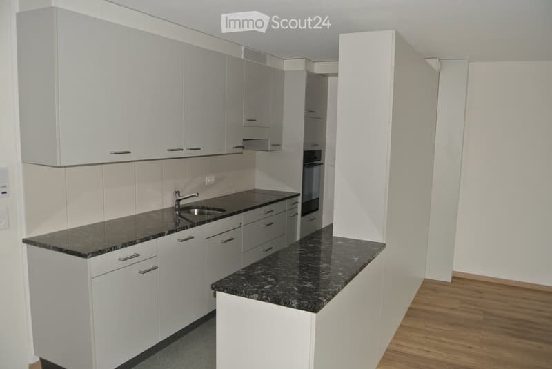 Modern kitchen with white cabinets, granite countertops, and a sink with a faucet.