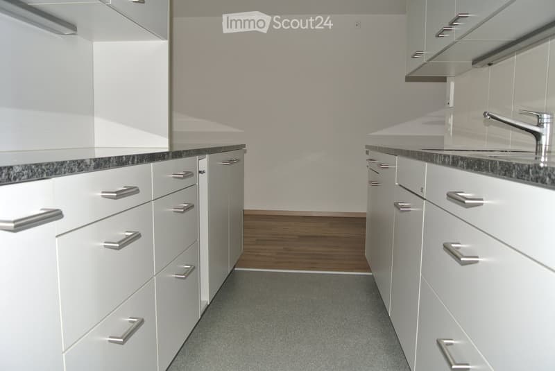 Modern kitchen with white cabinets, granite countertops, and stainless steel fixtures.