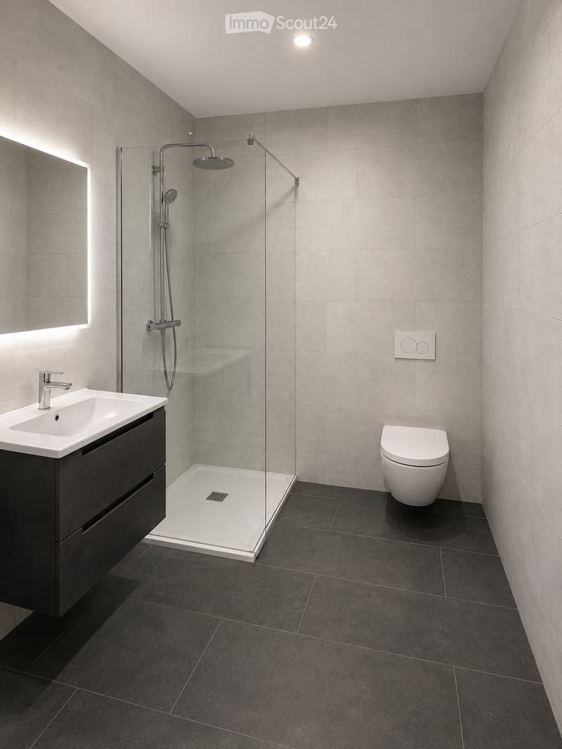 Modern bathroom with dark tiled floor, white sink, toilet, and glass-enclosed shower with a handheld showerhead.