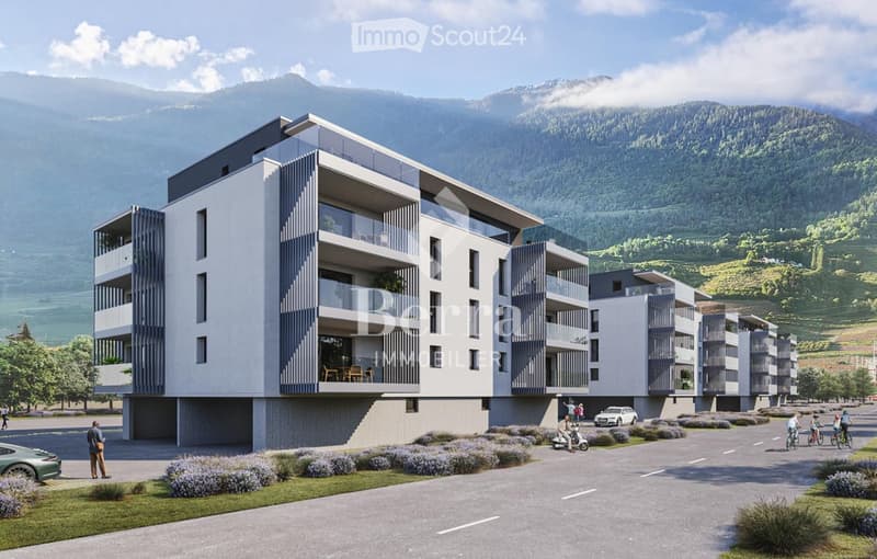 Modern multi-story residential building with balconies, surrounded by landscaped gardens and a scenic mountain backdrop.