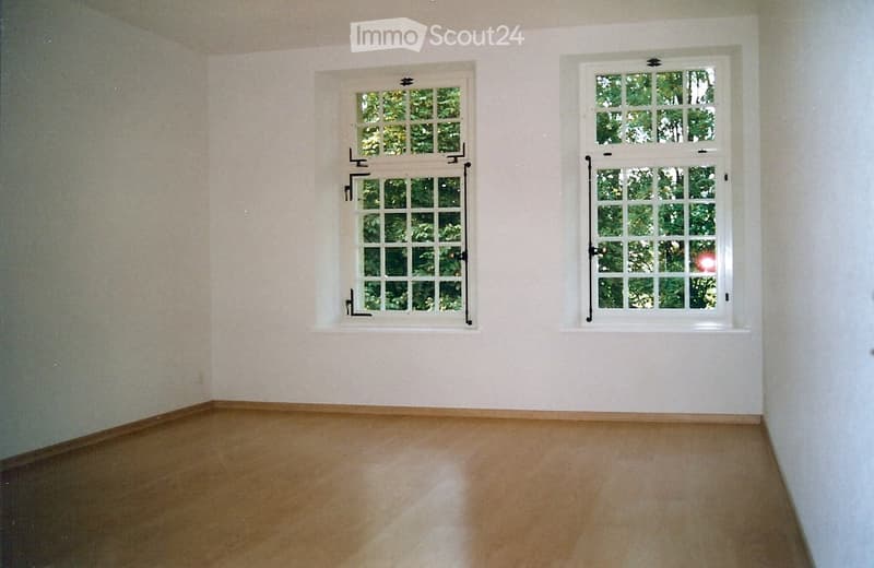 empty room, wooden floor, white walls, two windows, view of trees