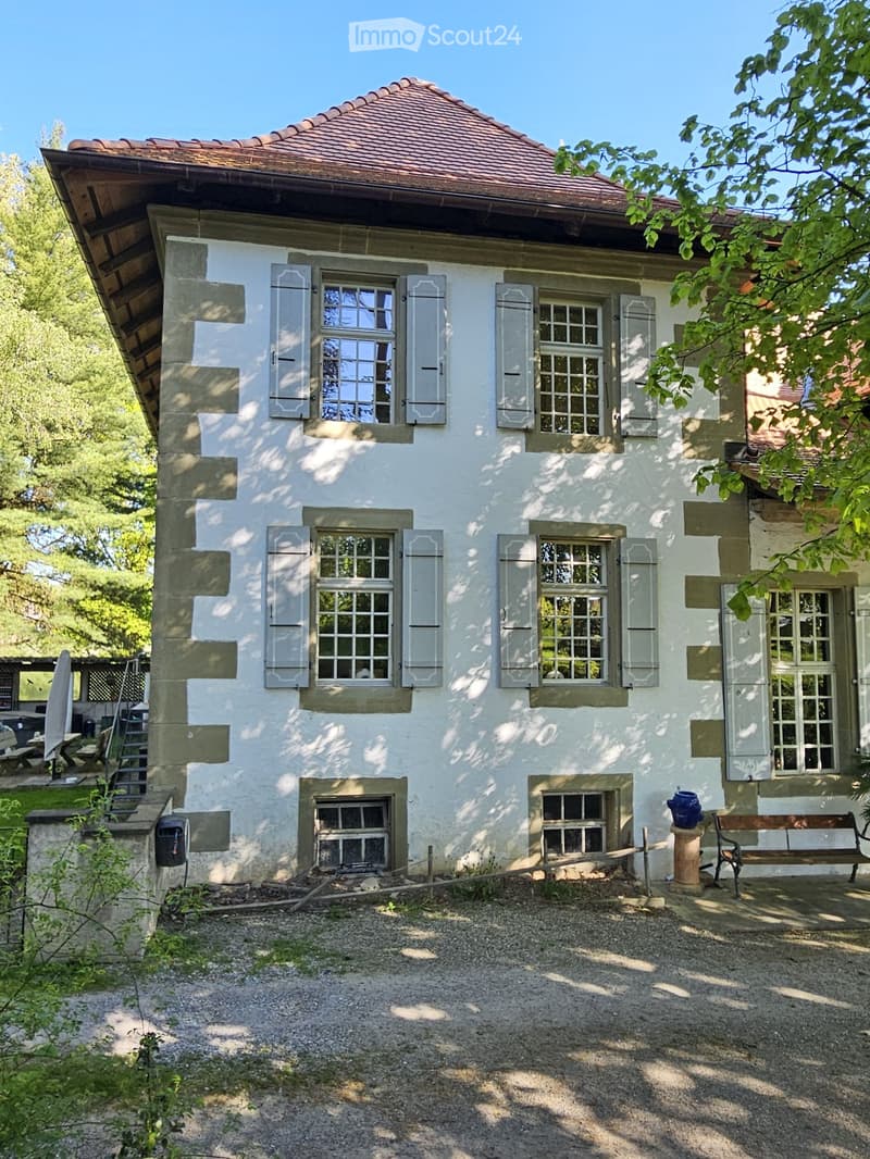 2 story house, white walls, brown roof, multiple windows, wooden bench, trash bin, plants, gravel driveway