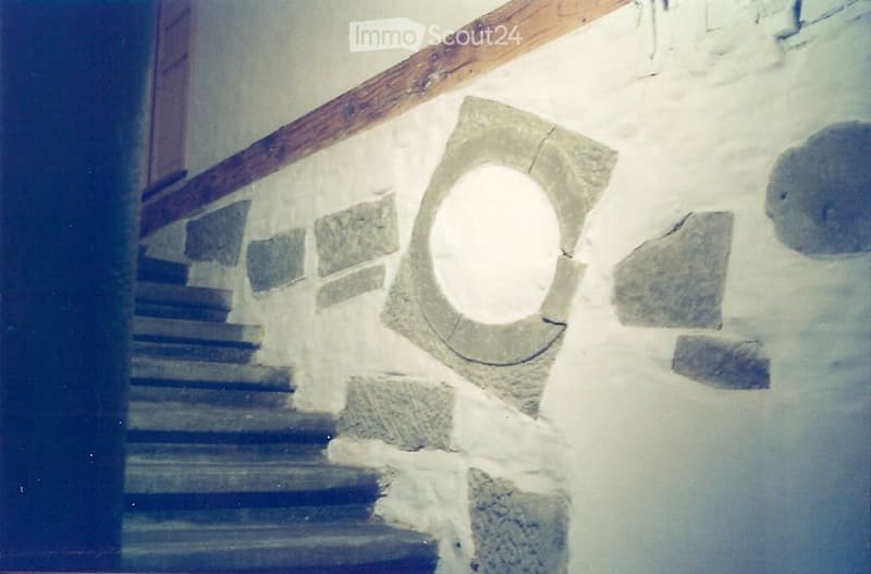 stone wall, wooden beam, staircase