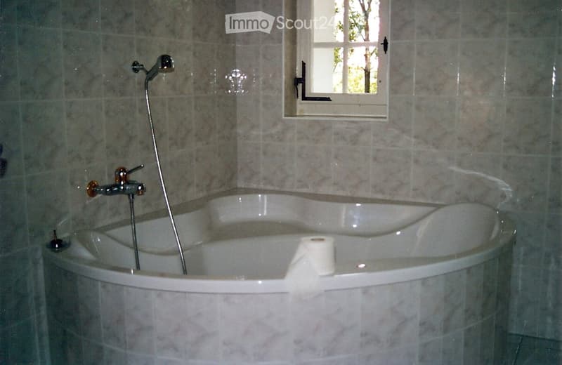Bathroom with a large bathtub, shower head, and a window