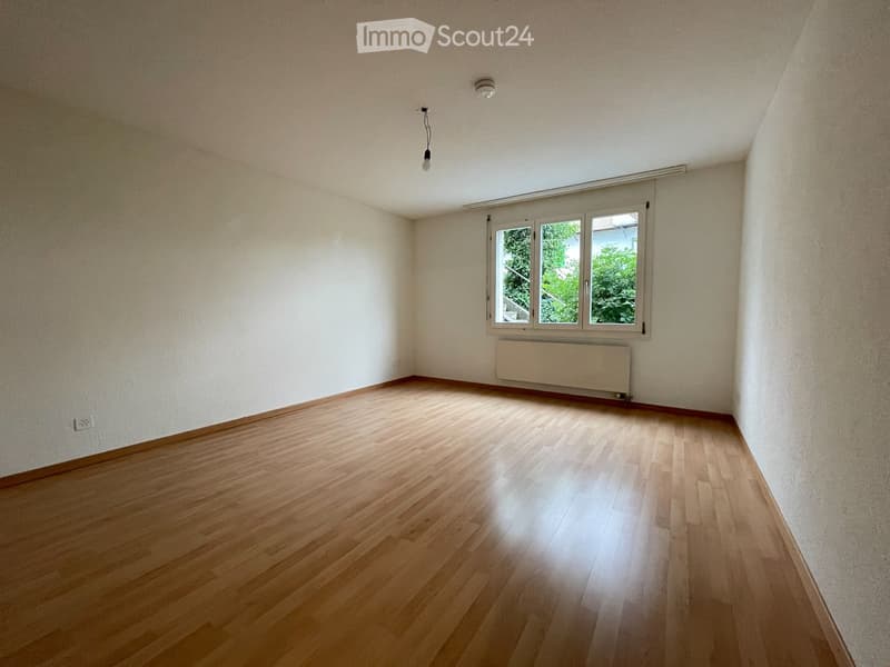 Empty room with wooden flooring, white walls, and a window with three panes. There is a radiator below the window and a single light fixture on the ceiling.