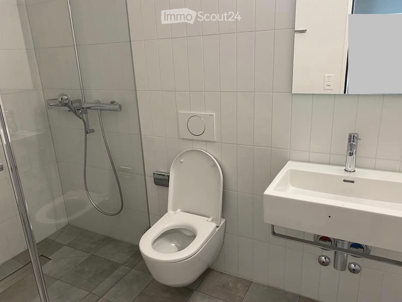 Modern bathroom with white tiles, a toilet, a sink with a chrome faucet, a glass-enclosed shower, and a mirror above the sink.