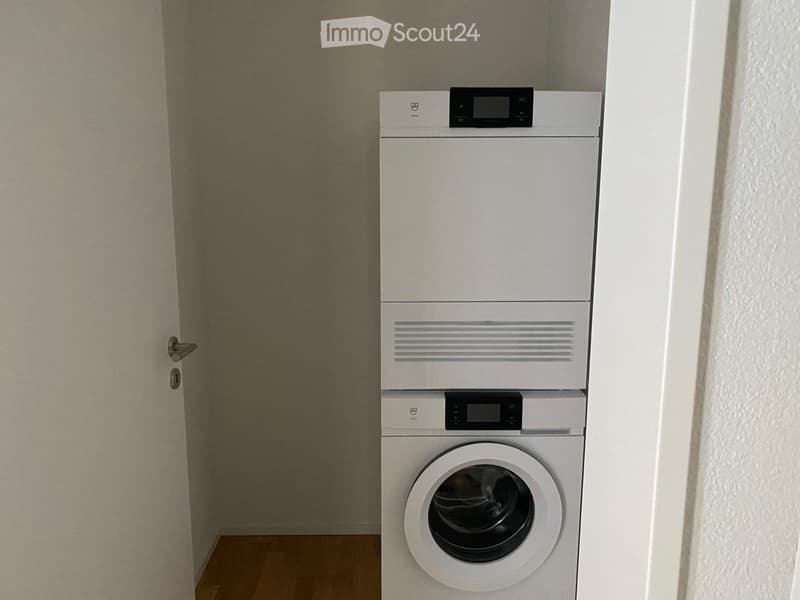 A compact bathroom with a white washing machine and a white dishwasher stacked vertically, featuring a wooden floor and neutral-colored walls.