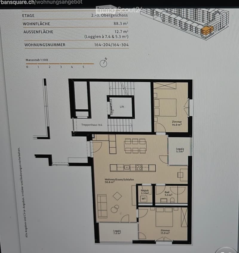 Floor plan of a 2-3rd floor apartment with88.3 m² living area, 12.7 m² outdoor area, and two loggias (7.4 m² and 5.3 m²). Layout includes living/dining/sleeping area (50.8 m²), two bedrooms (14.0 m² and 15.9 m²), bathroom (5.3 m²), and a small closet (2.3