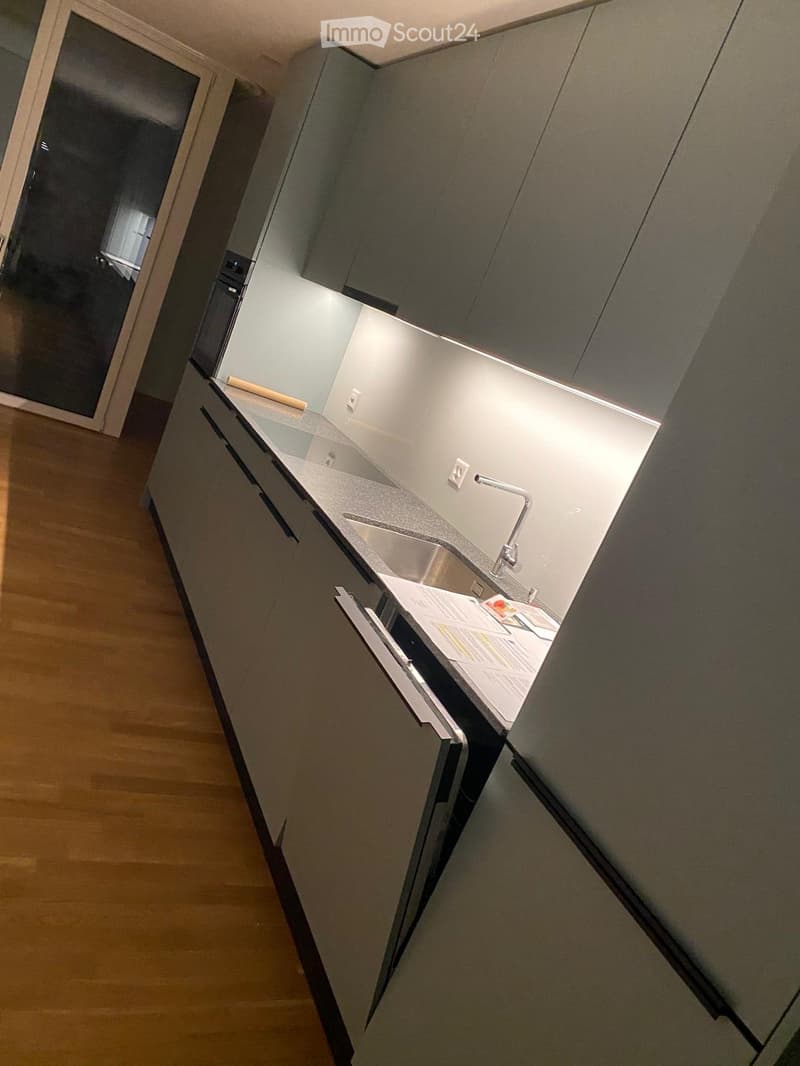 Modern kitchen with grey cabinets, a stainless steel sink, and a sleek countertop. The space features a wooden floor and built-in storage.