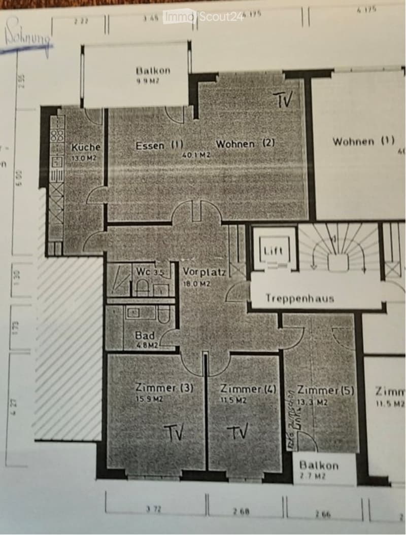 Floor plan of a multi-room apartment with labeled areas including kitchen, living room, bedrooms, bathrooms, balconies, and a staircase.