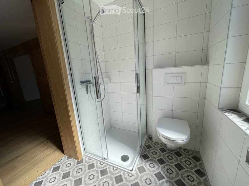 Modern bathroom with a glass-enclosed shower and a toilet, featuring white tiled walls and a patterned tile floor.