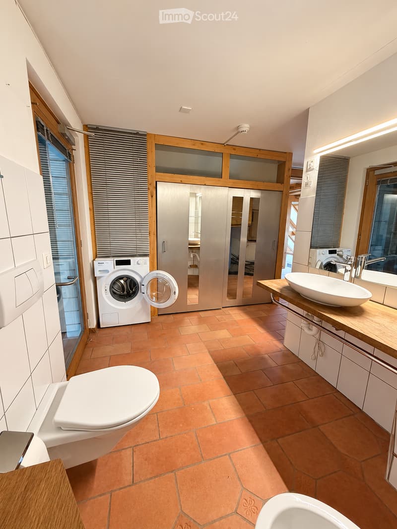 Modern bathroom with terracotta tiles, white toilet, sink, and washing machine. Features a large mirror, wooden vanity, and a separate shower area visible through a glass door.