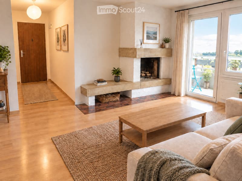Modern living room with wooden flooring, a fireplace, a sofa, coffee table, and large windows leading to a balcony.